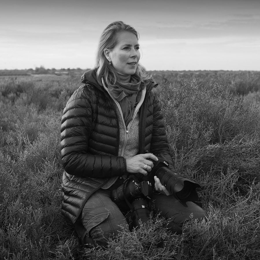 Woman with camera sitting in grass.